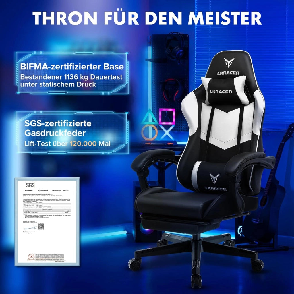 Sedia da gioco con poggiapiedi, ergonomica, con cuscino lombare regolabile, cuscino da gaming, sedia da gamer, altezza regolabile, portata 150 kg, colore: bianco