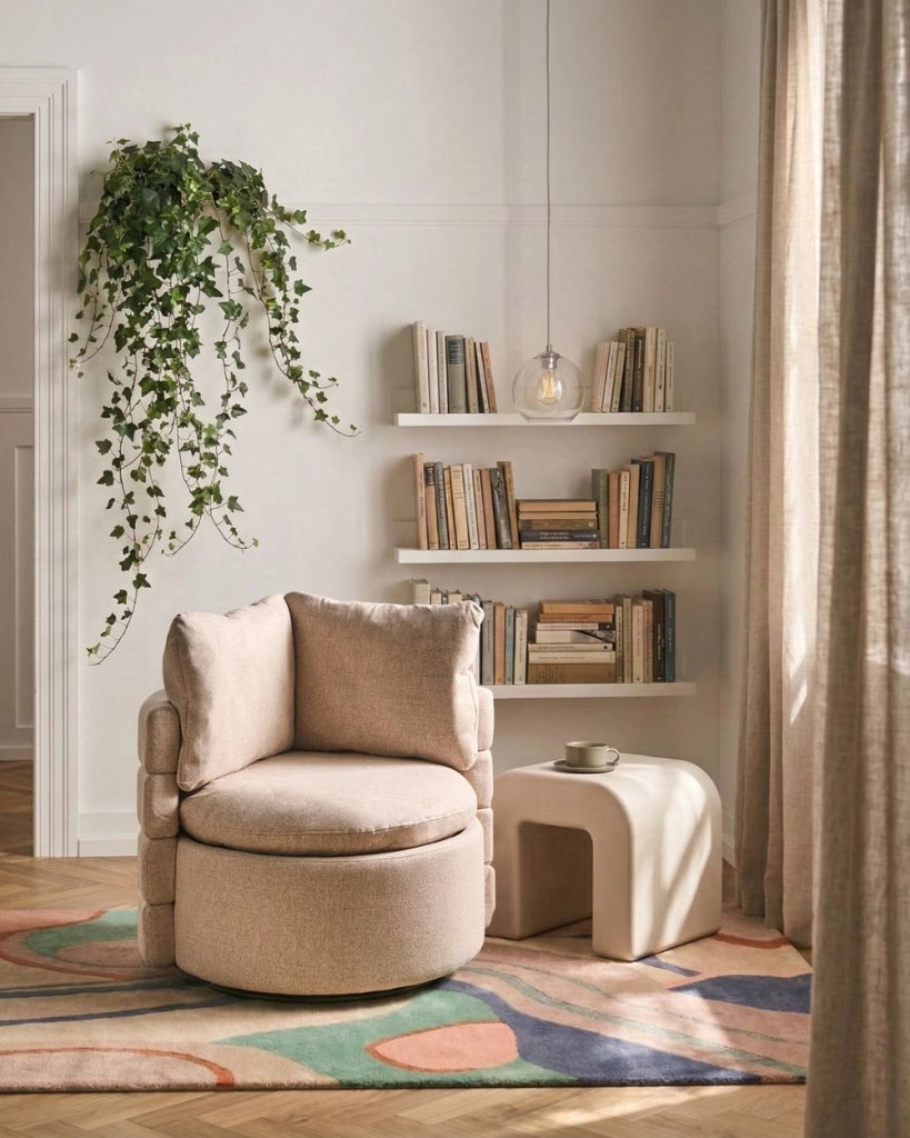 Poltrona in tessuto con schienale curvo base girevole a 360° con contenitore cuscini decorativi beige stile retrò angolo lettura