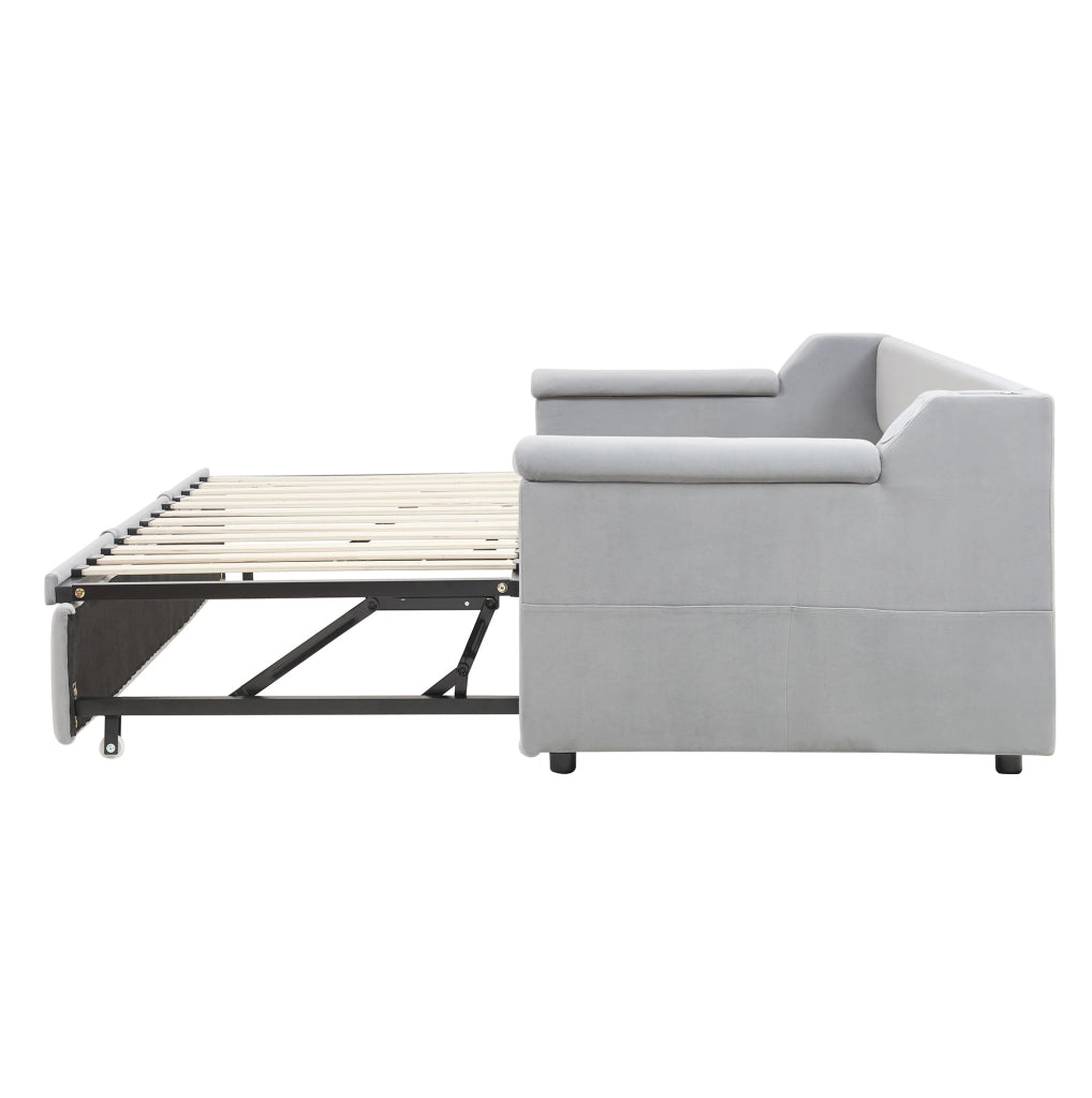 Divano letto 90x190 cm in velluto grigio chiaro con Bluetooth e USB， senza materasso