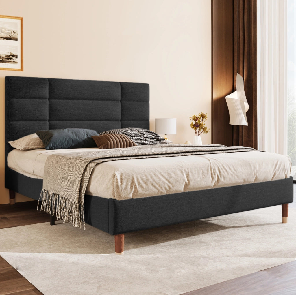 Letto imbottito 140x200 cm con rete; testiera comoda; legno; nero (Senza materasso)