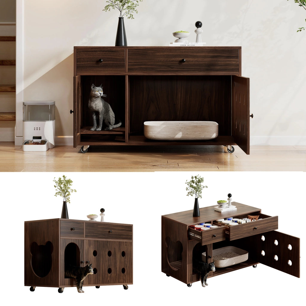 Mobile copri lettiera per gatti con 2 cassetti e vaschetta estraibile, per soggiorno, in MDF, noce, 100 × 45 × 66 cm