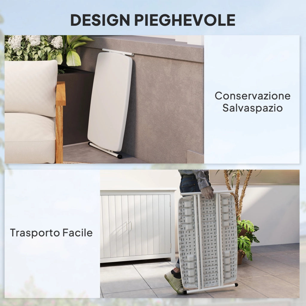 Tavolino da Giardino Pieghevole 76x50x74 cm con Altezza Regolabile in Metallo e HDPE Bianco