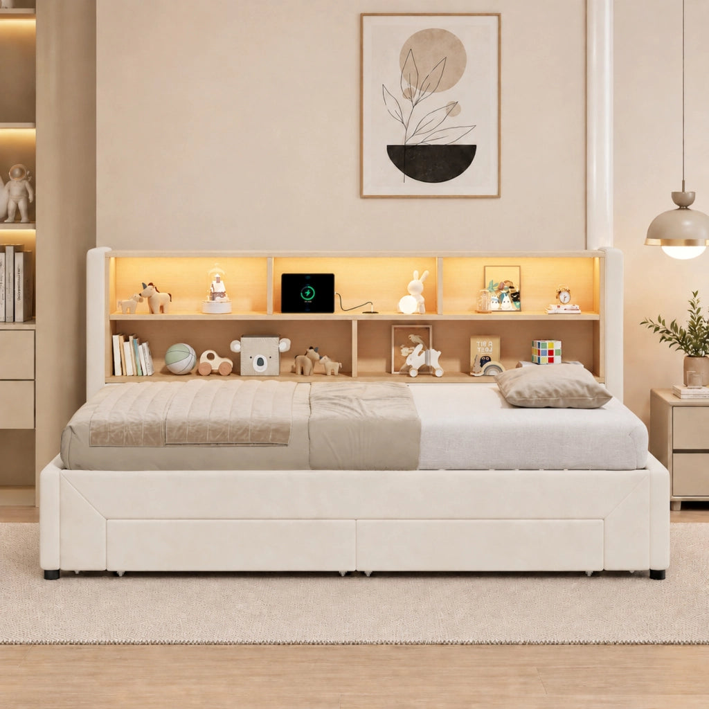 Letto daybed estraibile con cassetti, porte USB e LED, in velluto beige, 90x200 cm, con rete a doghe