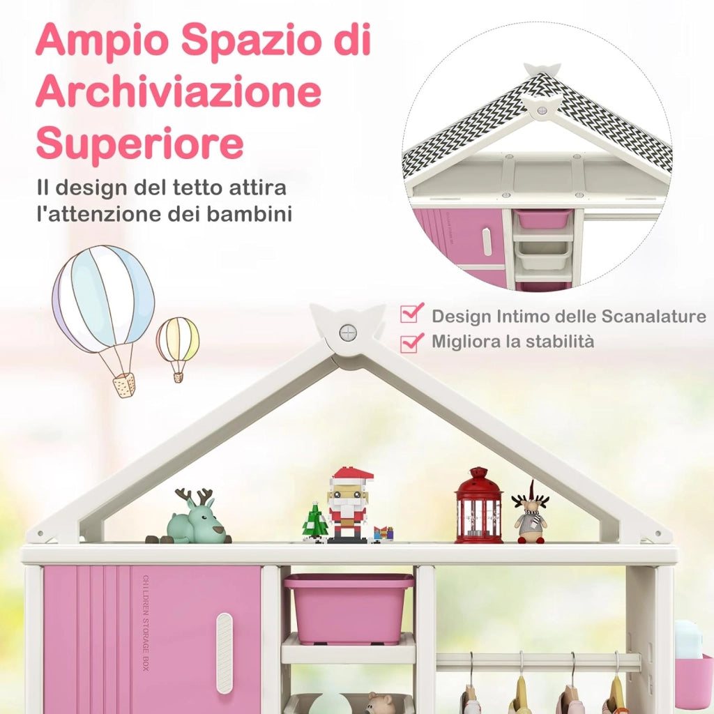 Armadio per Bambini, Organizzatore a Forma di Casa con Lavagna 3 Armadietti 4 Cestini 3 Cubi Chiusi e 3 Cestini Laterali, Armadietto Salvaspazio per Camera da Letto, 3 Anni+ (Rosa)