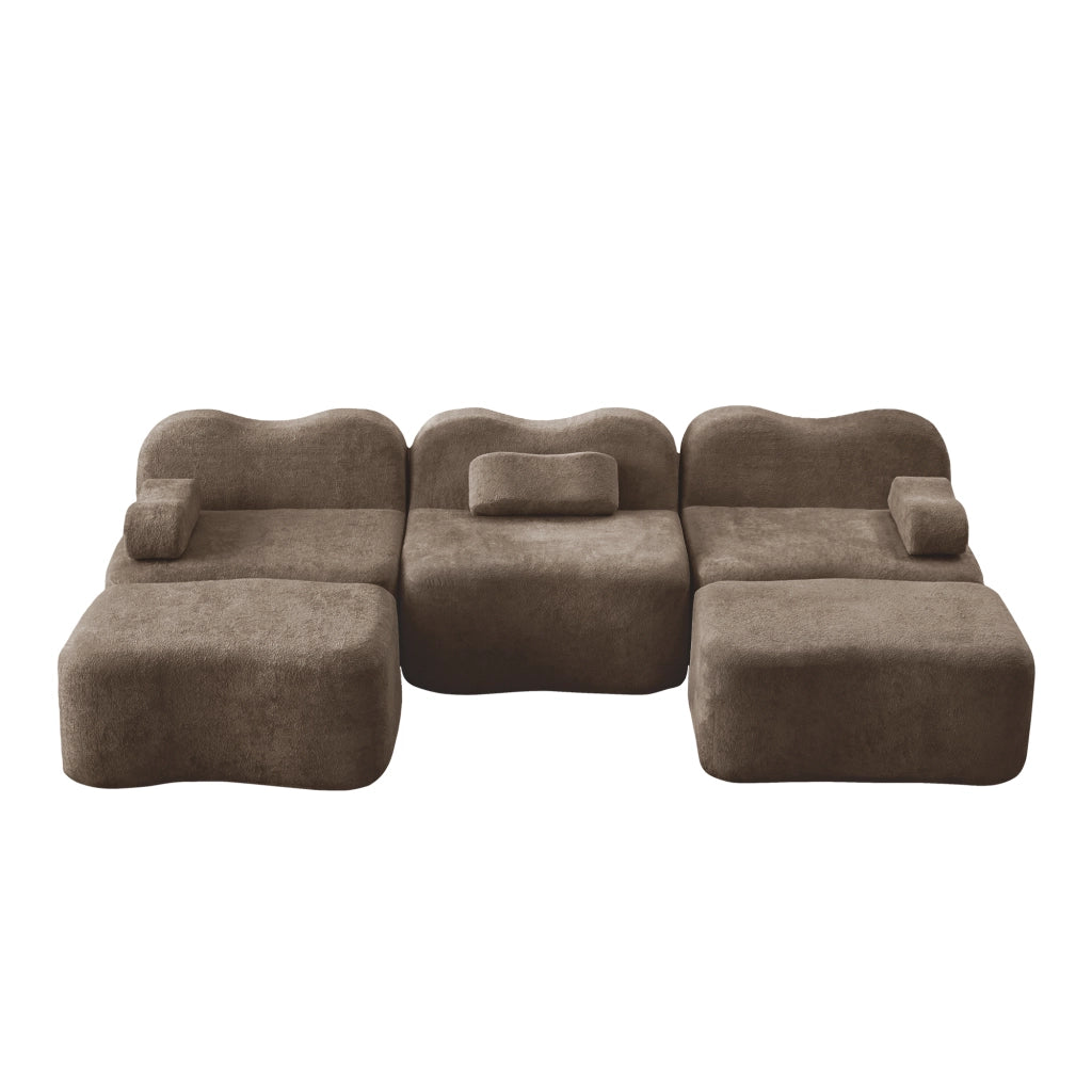 Divano modulare angolare a U con 2 pouf; imbottitura in schiuma 32D; velluto marrone