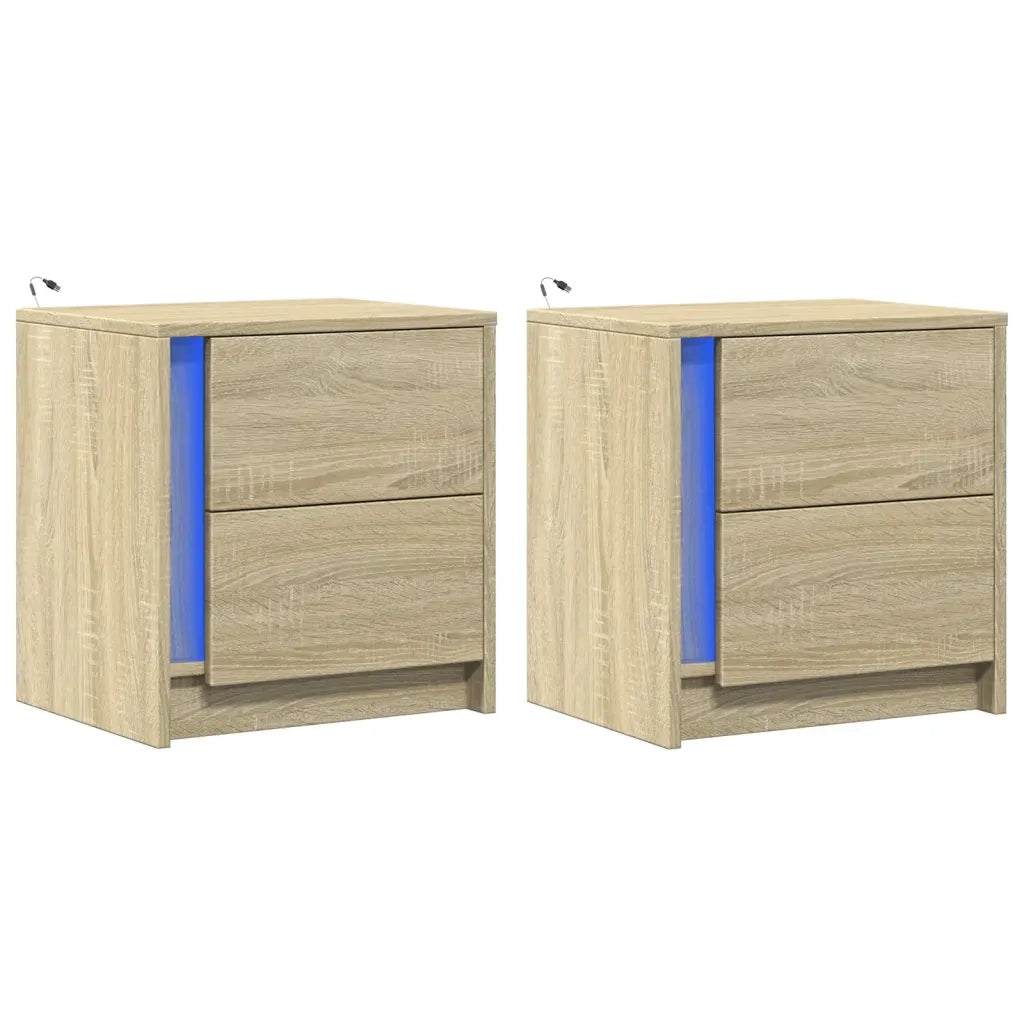 vidaXL Comodini con Luci LED 2pz Rovere Sonoma in Legno Multistrato