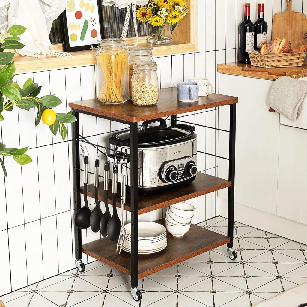 Carrello da Cucina con 10 Ganci Rimovibili, Scaffale per Pasticceria con 3 Livelli, Scaffale con Struttura di Metallo con Ruote Bloccabili per Bar Ristorante Hotel, 60 x 40 x 73,5 cm (Marrone)