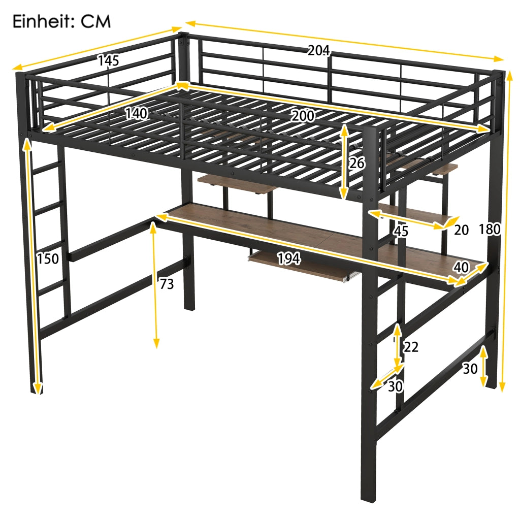 Letto a soppalco 140 × 200 cm con scrivania, 2 librerie e scala, senza materasso, in metallo, nero