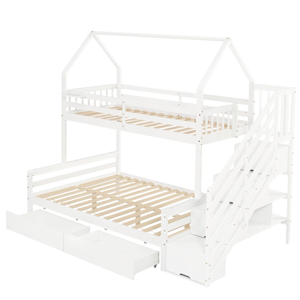OKWISH Letto a Castello 90×200 cm e 140×200 cm, Letto 3 Posti con 2 Cassetti, Scala Contenitore e Spondine, senza Materasso, Bianco