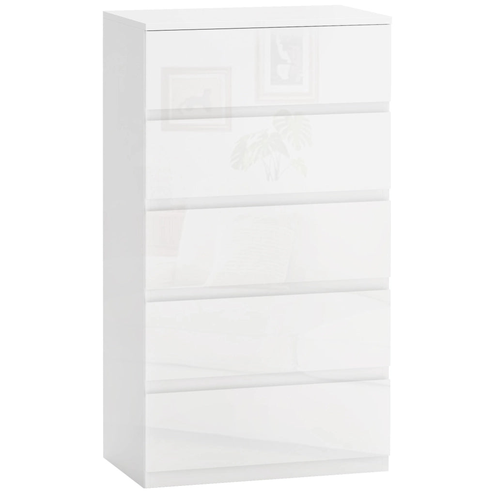 Cassettiera Moderna 5 Cassetti Antiribaltamento in Legno, 55x33x100 cm, Bianco Lucido