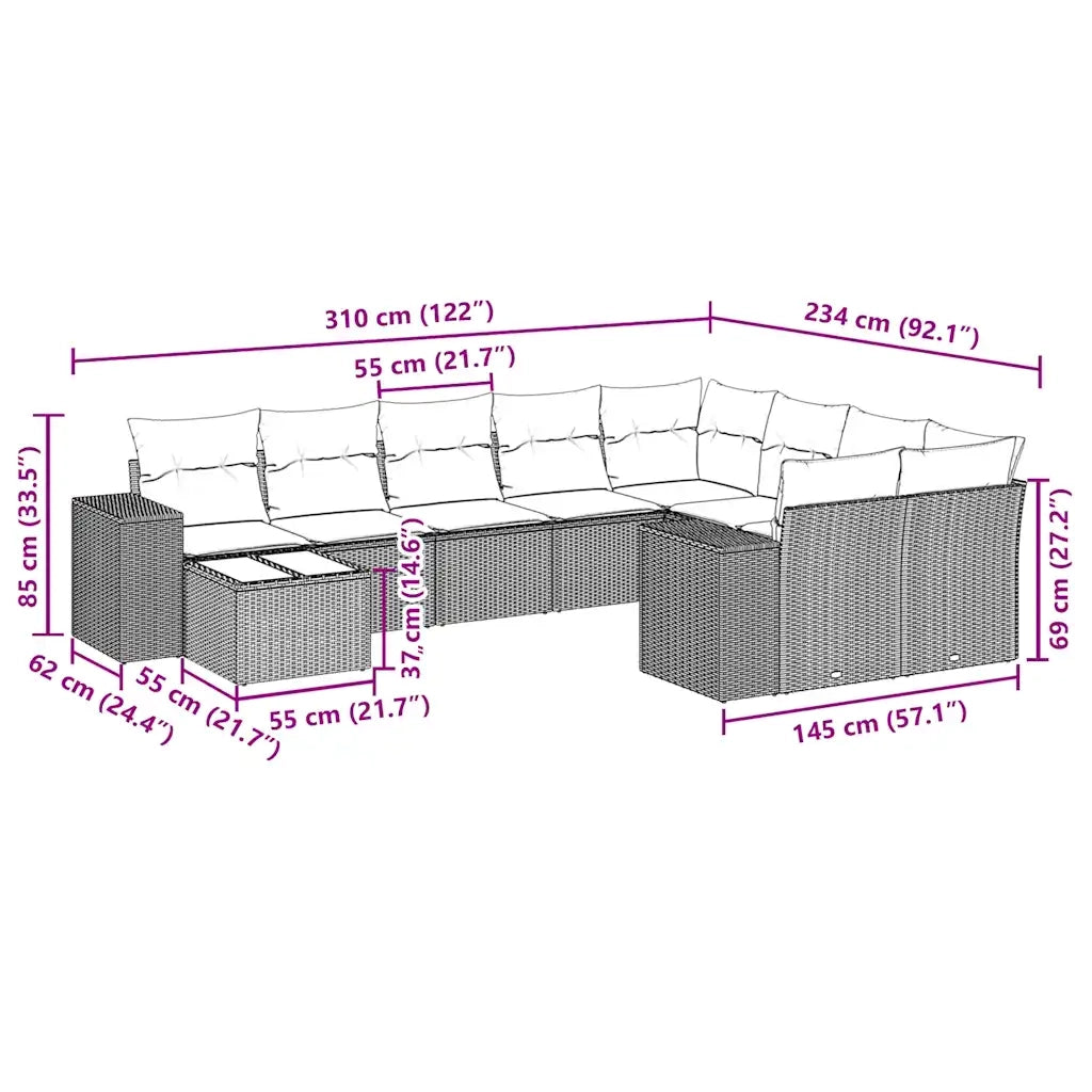 Set Divani da Giardino 10pz con Cuscini in Polyrattan Nero 3255393