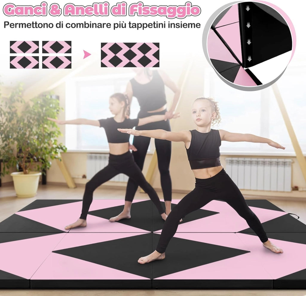 Tappetino Ginnastica Pieghevole 240 CM, Tappetino Fitness con Maniglie e Chiusure a Strappo per Stretching, Yoga, Arti Marziali da Casa e Palestra