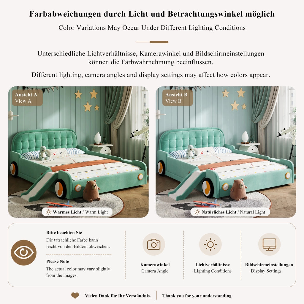Letto per bambini 140 × 200 cm con scivolo e scala, montaggio sinistra/destra, senza materasso, in velluto bluverde