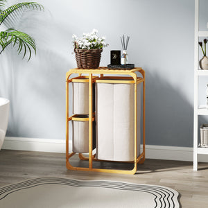 Cesto Portabiancheria con 3 Scomparti Estraibili in Tessuto color Crema e Struttura in Bambù 50x32x69,7 cm