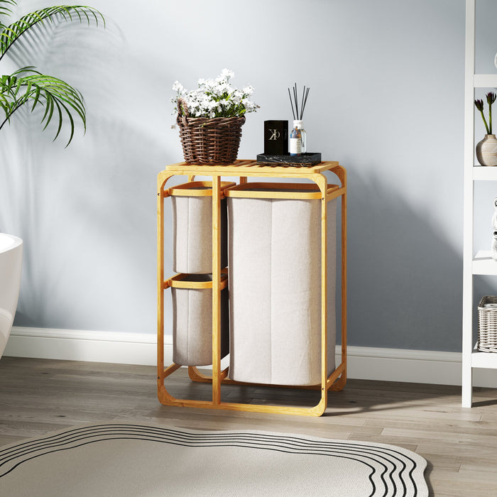 Cesto Portabiancheria con 3 Scomparti Estraibili in Tessuto color Crema e Struttura in Bambù 50x32x69,7 cm