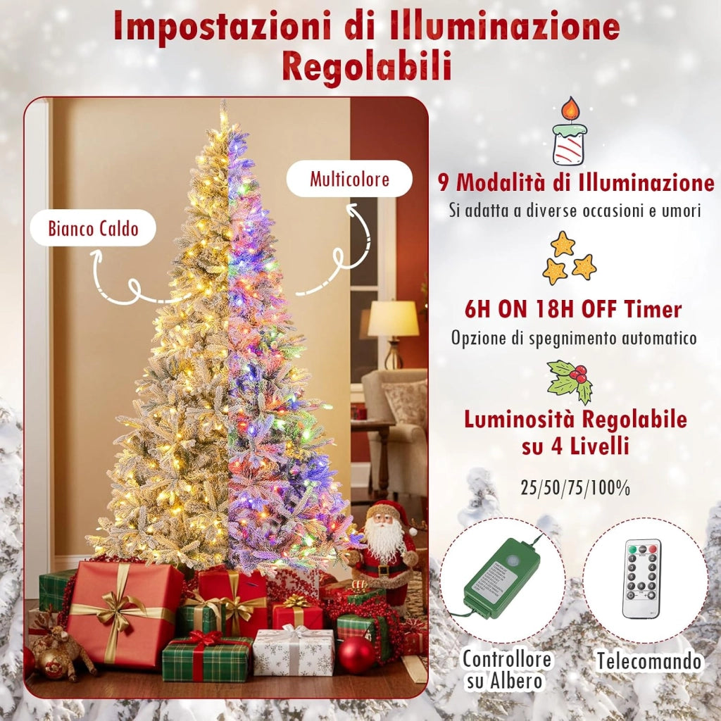 Albero di Natale Artificiale Innevato Metà 180 cm Pre-illuminato | Albero di Natale con 180 Luci LED Bianche Calde e Multicolori, 9 Modalità, 652 Punte di Rami in PE & PVC e Telecomando