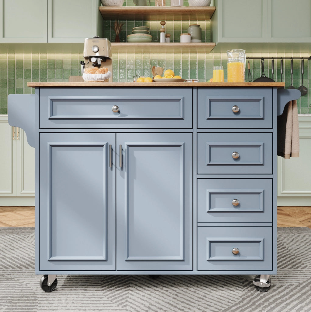 Isola da cucina 110x75x92 cm pieghevole con cassetti in MDF azzurro baby