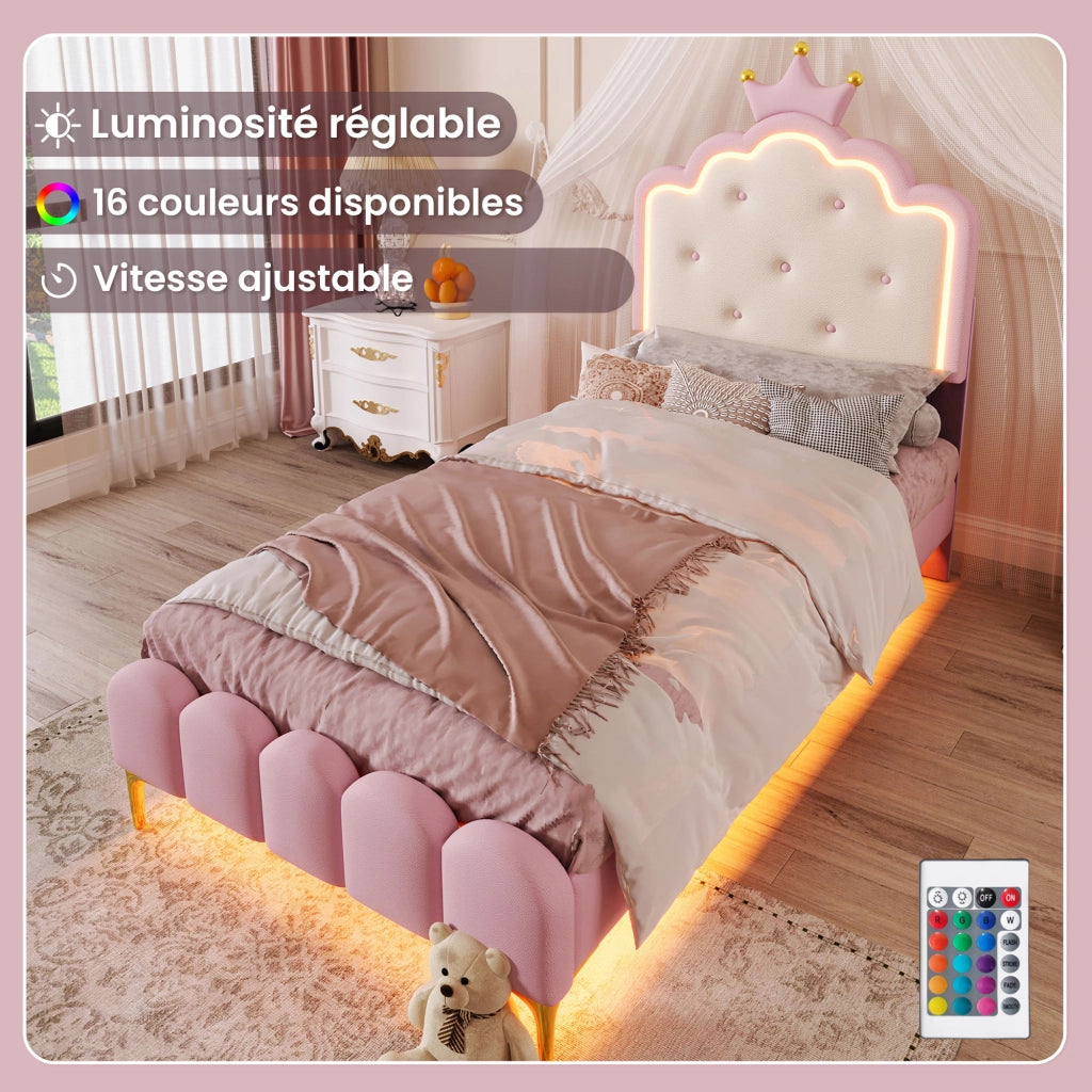 Letto bambino 90×200 cm; letto singolo con luce LED regolabile; senza materasso; in PU; rosa