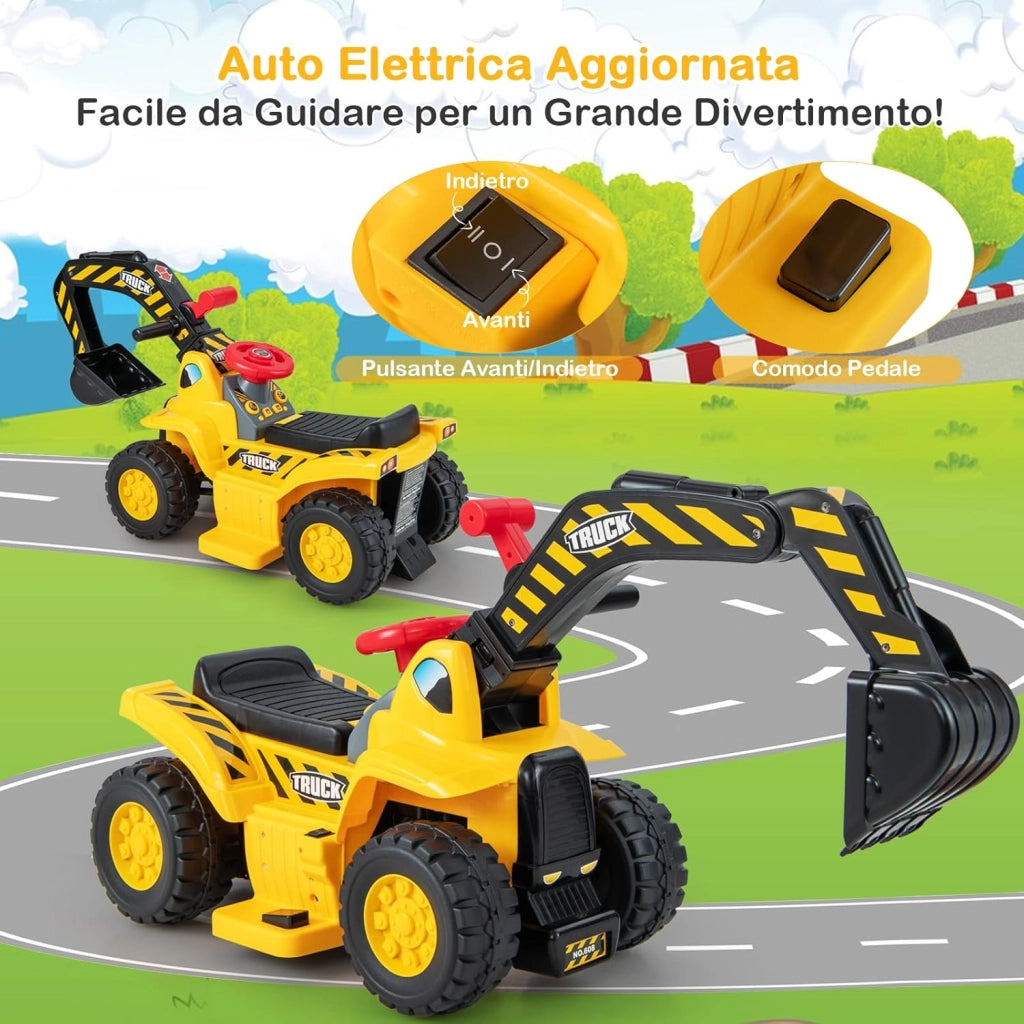 Escavatore Elettrico per Bambini, Ruspa con Vano Clacson ed Effetti Sonori, Canestro da Basket Pieghevole e 3 Palline, Giocattolo per Scavare per Bambini 2 Anni +