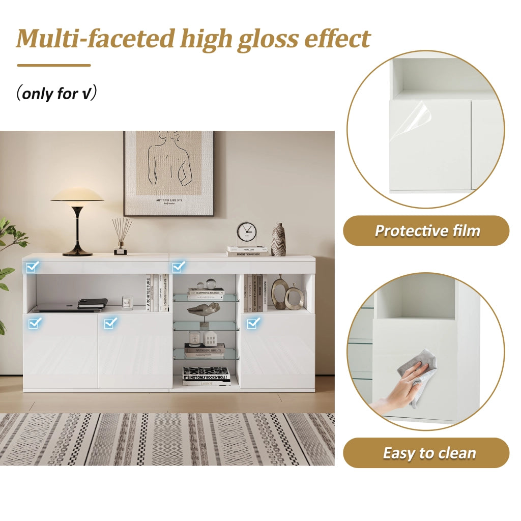 Credenza e madia con LED e 3 ante, 1 vano aperto e ripiani in vetro, per soggiorno, bianco, 155,5 × 35 × 72 cm