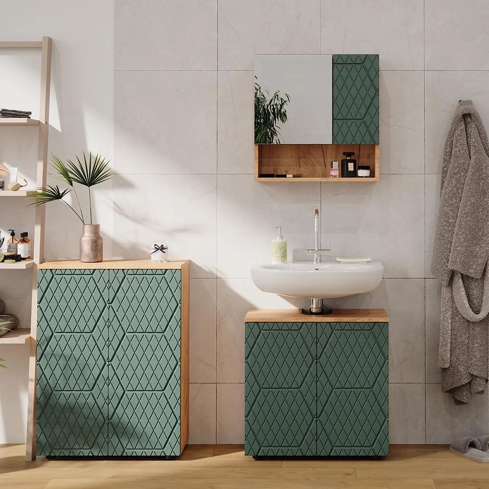 Mobile midi Irma, Goldkraft rovere/verde, 60 x 81 cm, per la conservazione in bagno e abbinabile alla serie Irma