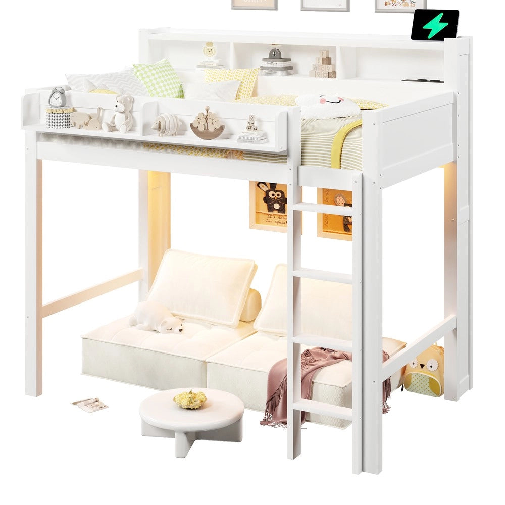 Letto a Soppalco in Legno con LED e USB ¨C MINIMAL ¨C Bianco 90x200