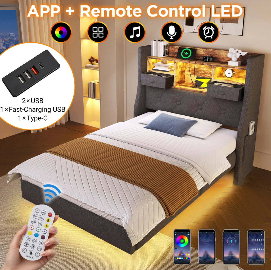 Letto imbottito con luci LED, testiera contenitore e prese di ricarica, grigio