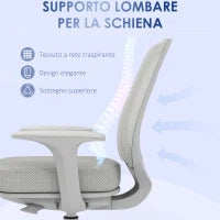 Sedia da Ufficio Ergonomica e Reclinabile ad Altezza Regolabile con 5 Rotelle, 55x48x82.5-94.5 cm, Grigia