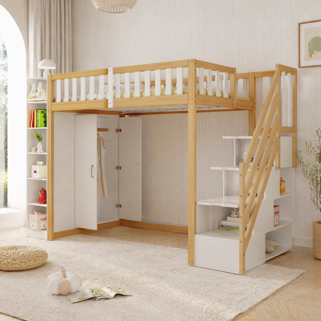 DESMIU Letto a soppalco letto singolo 1 posto con armadio, scaffali e scala contenitore 90 × 200 cm senza materasso