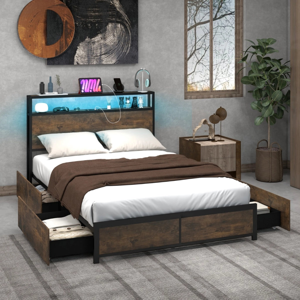 Letto matrimoniale con cassetti e testiera con led e presa multipla-Struttura letto in metallo 216x144x102cm