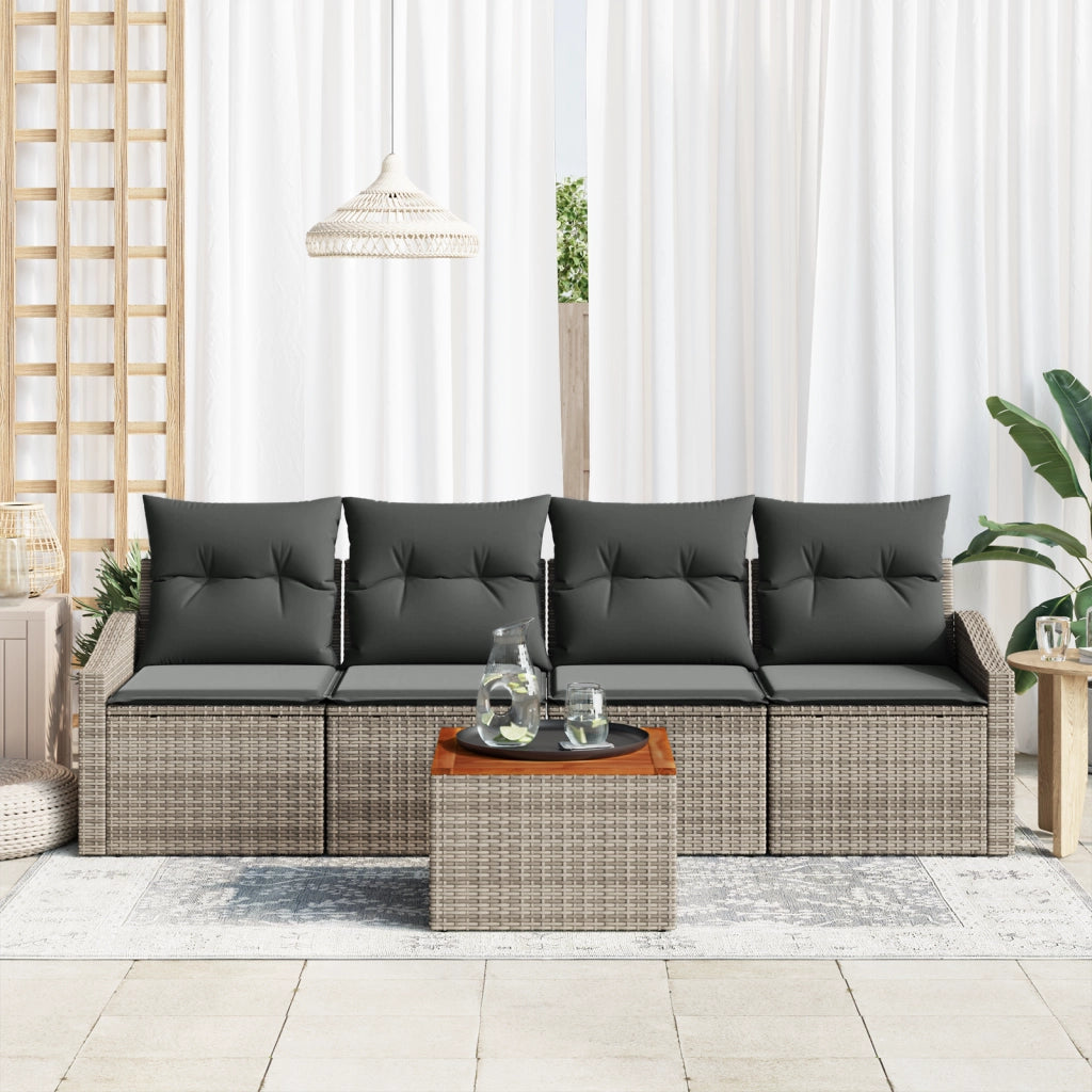 Set di Divani da Giardino da 5 Pezzi con Cuscini Grigio Polyrattan Acacia