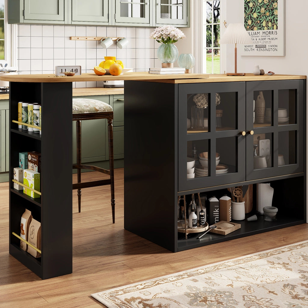 Mobile Bar con 2 Ante in Vetro; 3 Ripiani Laterali; 3 Ripiani Regolabili; Girevole a 360°; in MDF; 138-204 x 39 x 102;5 cm; Nero