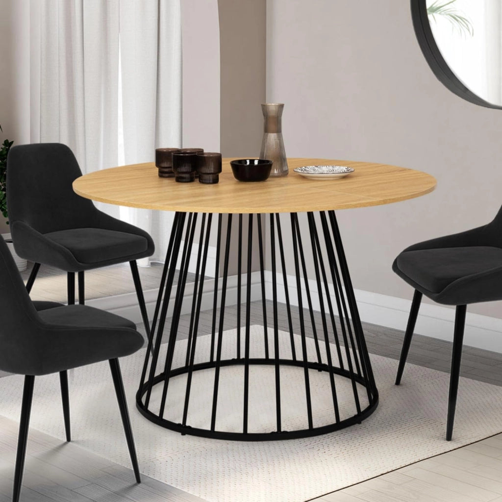 YUNA Tavolo da pranzo rotondo per 6 persone con piano in legno e gamba in filo metallico nero 110 cm