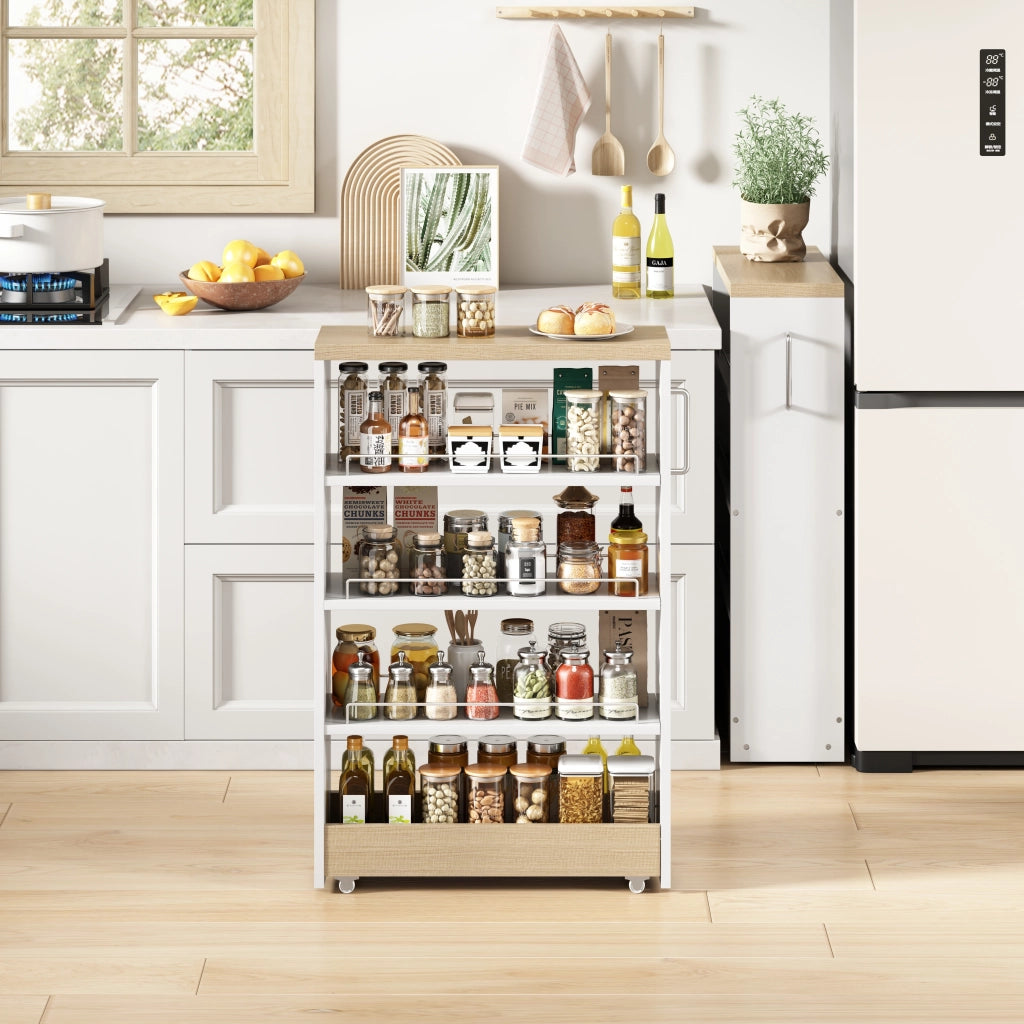 Carrello portaoggetti slim su ruote, mobile da cucina stretto 12 cm con 4 ripiani regolabili, bianco effetto legno, 55 x 12 x 85 cm