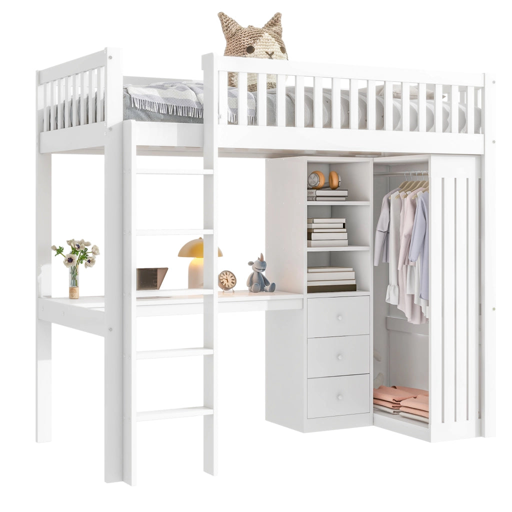 Letto a castello bianco in pino con scrivania armadio e 3 cassetti 90x200 cm