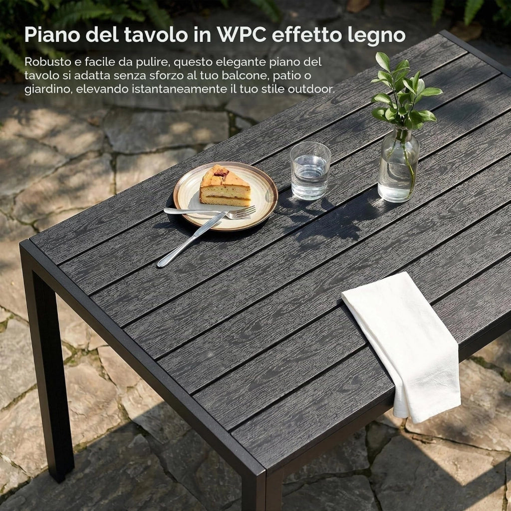 Tavolo da Giardino 110x70 cm, Tavolo da Terrazzo in WPC per 4-6 Persone, Tavolo da Balcone Resistente alle Intemperie con Telaio in Alluminio, Design Effetto Legno,Nero