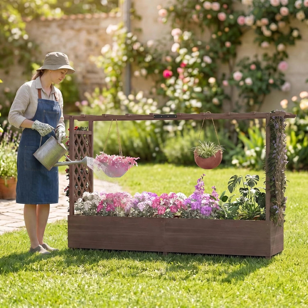 Fioriera Rialzata con Grigliato, Aiuola Rialzata con Traliccio per Piante Rampicanti e Fori di Drenaggio, Orto Elevato da Giardino, Terrazzo e Cortile (Marrone,200 x 44 x 114 cm)