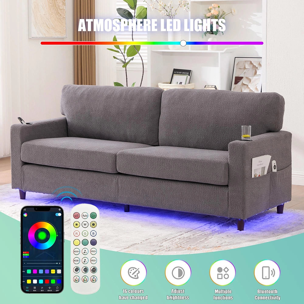 Divano 2 posti - Xylo - Chenille, LED, USB-C, porta bicchieri, grigio chiaro
