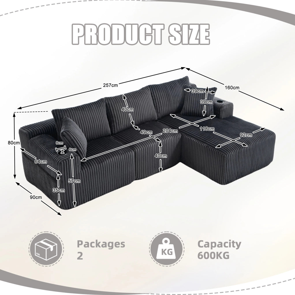 Divano modulare 257x160x62 cm con chaise longue; tasche laterali; portabicchieri e 5 cuscini; in corduroy grigio