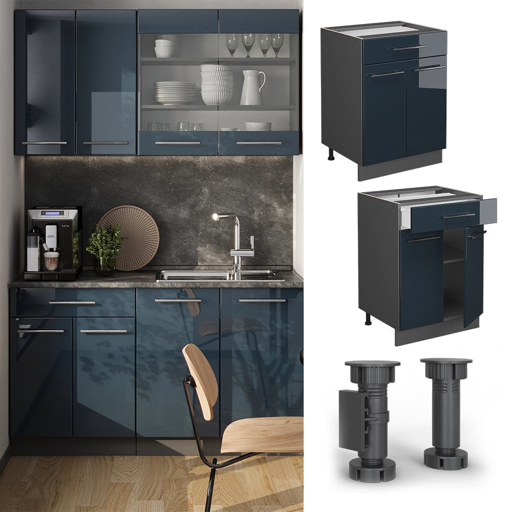 Mobiletto base per cucina Fame-Line Blu scuro lucido/Antracite 60 cm con cassetto, PL Marmo Vicco