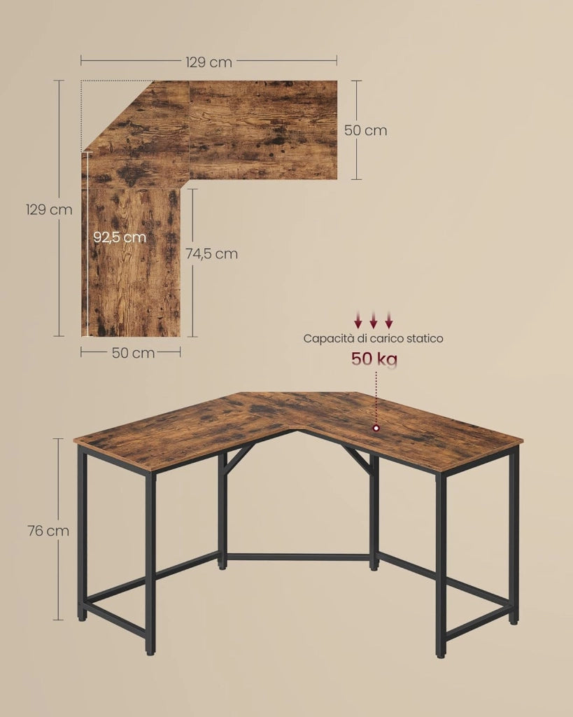 VASAGLE Scrivania Angolare, Scrivania per Computer a Forma di L, 129 x 129 x 76 cm, per Ufficio Studio Gaming, Marrone Vintage e Nero Inchiostro LWD124K01