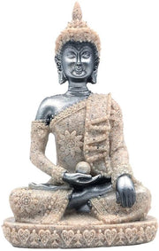 Statua di Buddha in pietra arenaria - Oggetto di meditazione - Scultura manuale - Nero/Dorato - Elemento decorativo - Figura ispiratrice di devozione - Opera di scultura