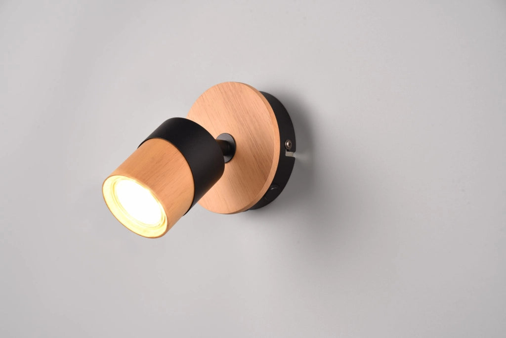 ARUNI SPOT SINGOLO ORIENTABILE METALLO NERO E LEGNO NATURALE H. 13,5CM 1 LUCE ATTACCO GU10