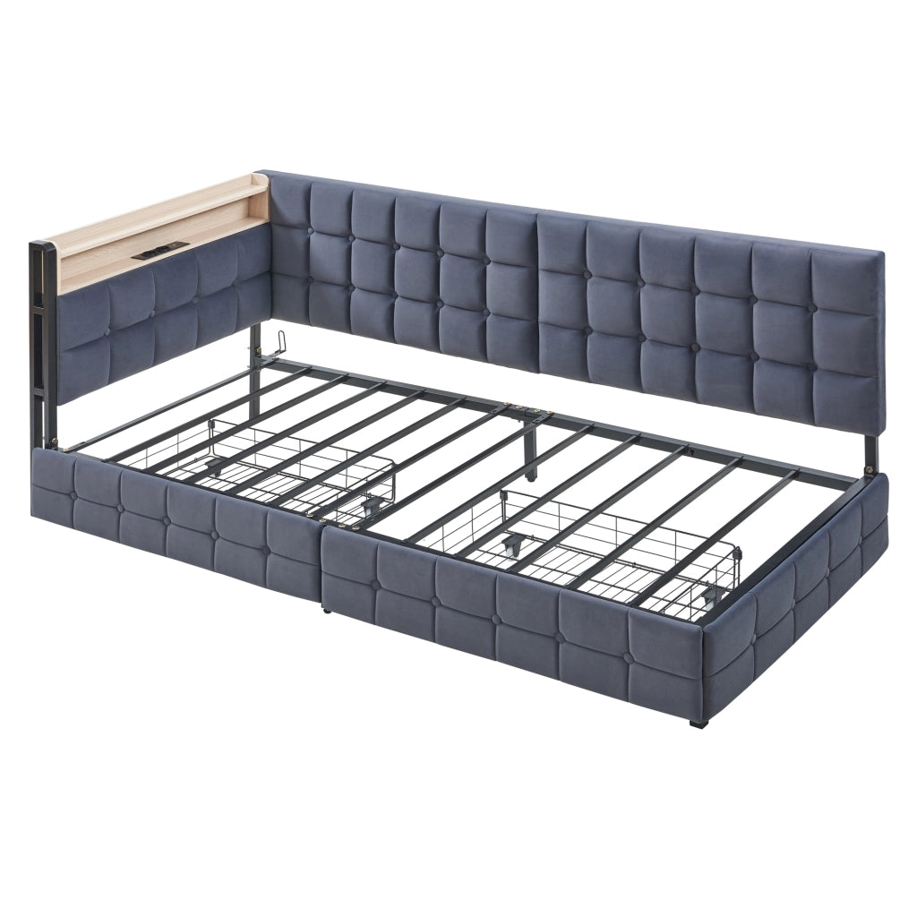 Divano letto imbottito 90x200 cm grigio con 2 cassetti, LED integrato e porte USB/Type-C