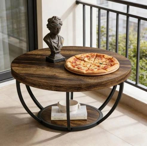 Tavolino rotondo a 2 livelli in legno e metallo, stile Rustic