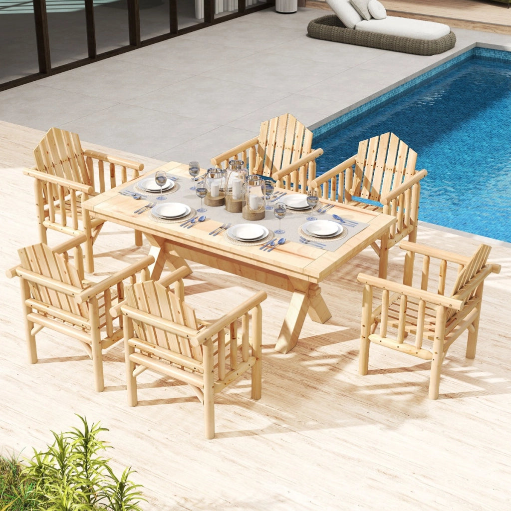 Sedia da pranzo per patio con braccioli e schienale alto inclinato per veranda-Poltrona da esterno in legno cortile giardino Naturale