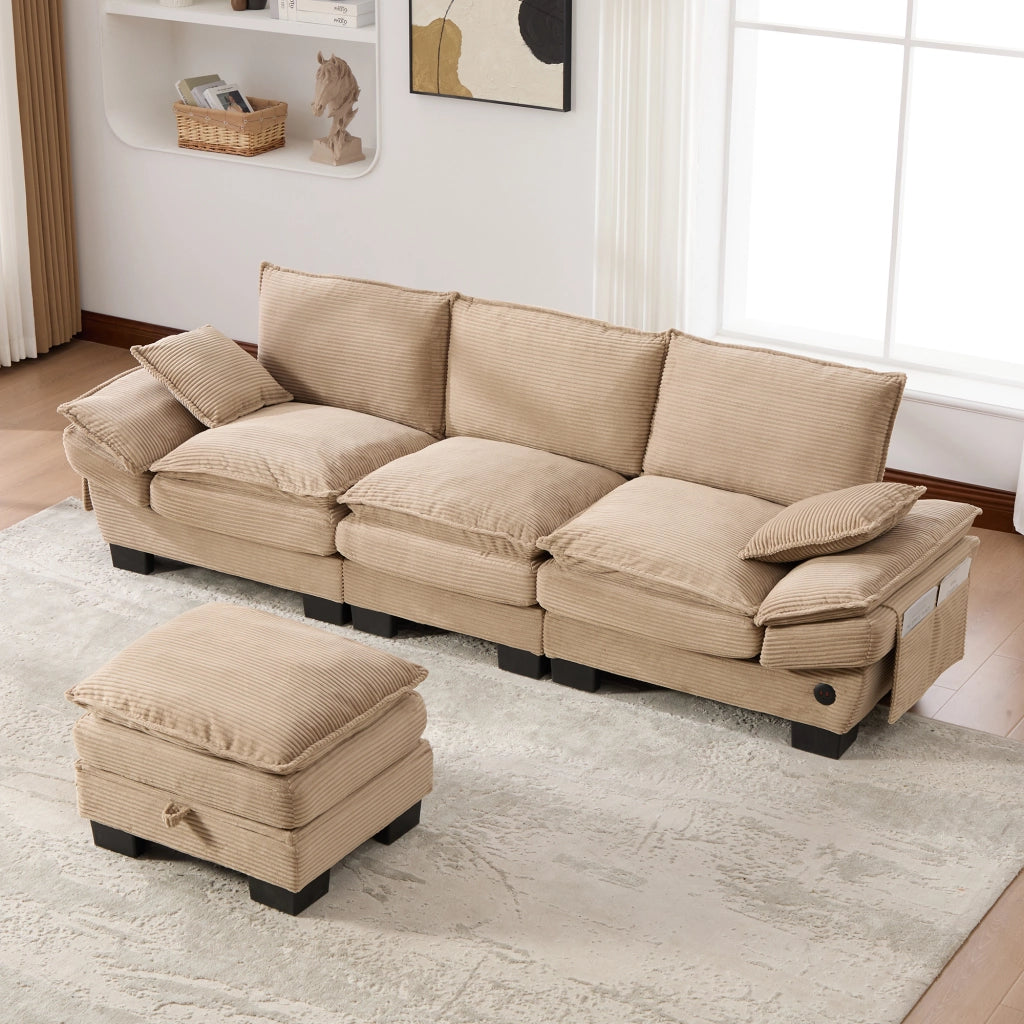 Canapé modulaire 3 posti con pouf, seduta ergonomica, porta USB-C e tasche laterali, in tessuto a coste khaki
