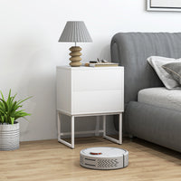 Comodino Moderno a 2 Cassetti con Apertura a Pressione 40x30x50 cm in MDF e Acciaio Bianco