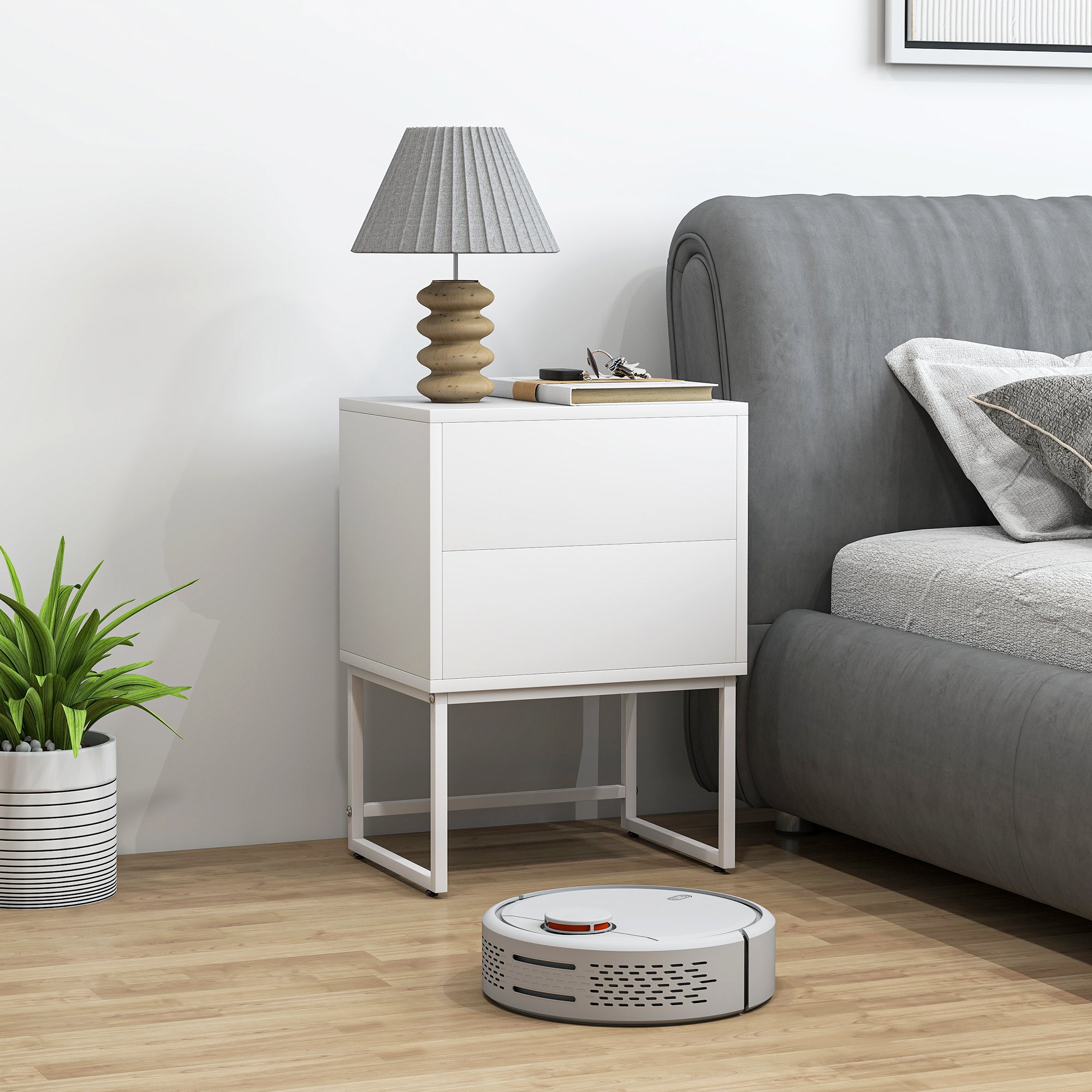 Comodino Moderno a 2 Cassetti con Apertura a Pressione 40x30x50 cm in MDF e Acciaio Bianco