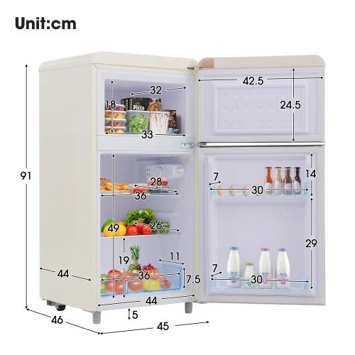 Frigorifero retrò; frigorifero a doppia porta; volume totale 72L; congelatore 21L; luce LED; efficiente energetico; bianco